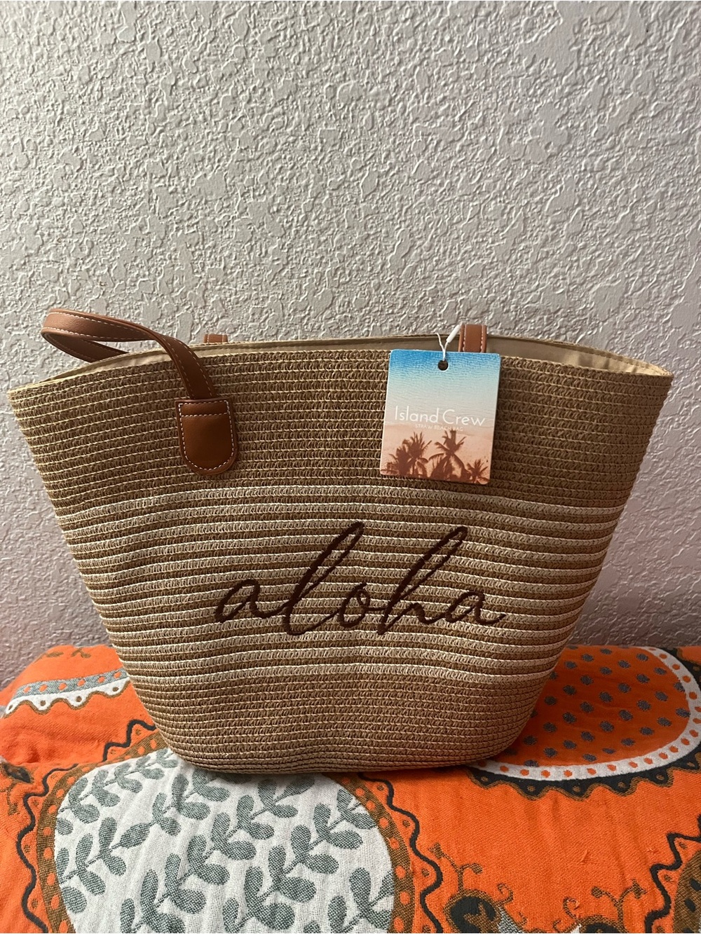 Natural Straw Tote with Brown Handles and Brown Script
